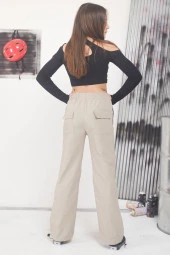 Bej Ayarlanabilir Yüksek Bel Kız Çocuk Paraşüt Pantolon 17588 - 5