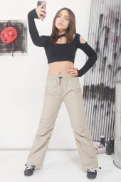 Bej Ayarlanabilir Yüksek Bel Kız Çocuk Paraşüt Pantolon 17588 - 1