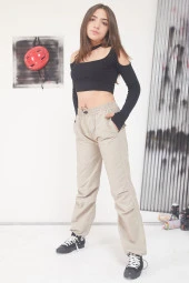 Bej Ayarlanabilir Yüksek Bel Kız Çocuk Paraşüt Pantolon 17588 - 2