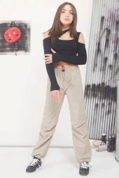 Bej Ayarlanabilir Yüksek Bel Kız Çocuk Paraşüt Pantolon 17588 - 3