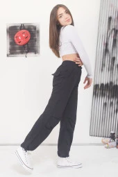 Siyah Ayarlanabilir Yüksek Bel Kız Çocuk Paraşüt Pantolon 17587 - 3