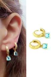 Aquamarin Taşlı 925Ayar Gümüş Üzerine Altın Kaplama Doğal Taş Minimal Halka Küpe - 1