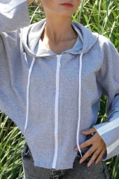 Kapşonlu Yan Dekolteli Sweatshirt Gri - 3