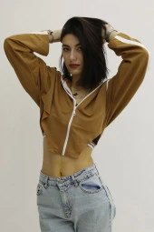 Kapşonlu Yan Dekolteli Sweatshirt Taba - 1