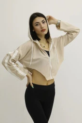 Kapşonlu Yan Dekolteli Sweatshirt Taş - 1