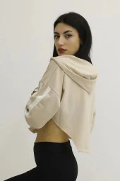 Kapşonlu Yan Dekolteli Sweatshirt Taş - 3
