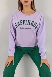 Baskılı Crop Sweatshirt Lila - 1