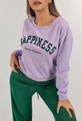 Baskılı Crop Sweatshirt Lila - 3