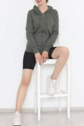 Kapşonlu Fermuarlı Sweatshirt Haki - 3