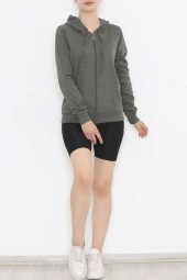 Kapşonlu Fermuarlı Sweatshirt Haki - 5