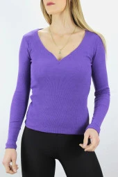 V Yaka Klipsli Bluz Mor - 1