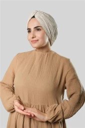 Bej Çapraz Büzgülü Piliseli Tesettür Bone Fukuro Kendinden Desenli 2316_12 thumbnail 1