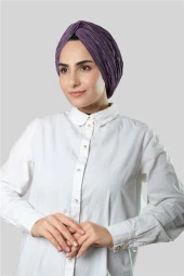 Mor Çapraz Büzgülü Piliseli Tesettür Bone Fukuro Kendinden Desenli 2316_22 thumbnail 1