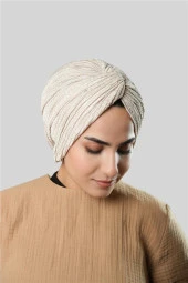 Bej Çapraz Büzgülü Piliseli Tesettür Bone Fukuro Kendinden Desenli 2316_12 thumbnail 2