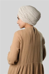 Bej Çapraz Büzgülü Piliseli Tesettür Bone Fukuro Kendinden Desenli 2316_12 thumbnail 4