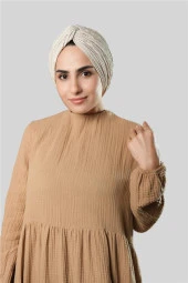 Bej Çapraz Büzgülü Piliseli Tesettür Bone Fukuro Kendinden Desenli 2316_12 thumbnail 3
