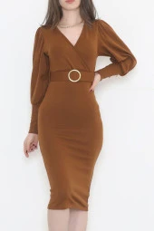 Kemerli Kruvaze Elbise Kahve thumbnail 1