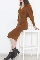 Kemerli Kruvaze Elbise Kahve thumbnail 2