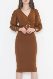 Kemerli Kruvaze Elbise Kahve thumbnail 3