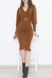 Kemerli Kruvaze Elbise Kahve thumbnail 4