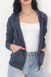 Kapşonlu Fermuarlı Sweatshirt Koyu İndigo - 3