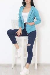 Kapşonlu Fermuarlı Sweatshirt Petrol - 2