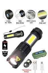 Tak-03 Ultra Güçlü 2500 Lumens + 5w Cob Led Usb Şarjlı El Feneri Kutulu Kamp Feneri Avcılık Feneri - 1