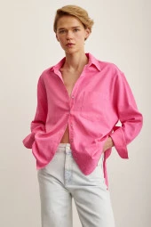 Tek Cepli Oversize Keten Gömlek Pembe thumbnail 5