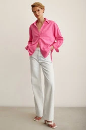 Tek Cepli Oversize Keten Gömlek Pembe thumbnail 6