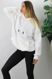 Üç İplik Kapşonlu Sweatshirt Beyaz - 1