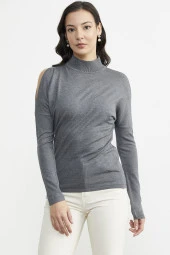 Omuz Detaylı Triko Kazak - Koyu Gri thumbnail 1