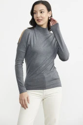 Omuz Detaylı Triko Kazak - Koyu Gri thumbnail 4