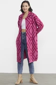 Desenli Uzun Triko Ceket - Fuşya - 3