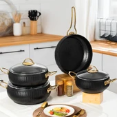 Lines TS-0002 Granit Kaplama Gold Kulp Güveç Seti - Cam Kapaklı Tencere Takımı - 7 Parça Siyah thumbnail 1