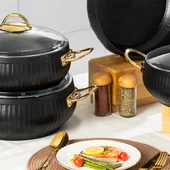 Lines TS-0002 Granit Kaplama Gold Kulp Güveç Seti - Cam Kapaklı Tencere Takımı - 7 Parça Siyah thumbnail 2