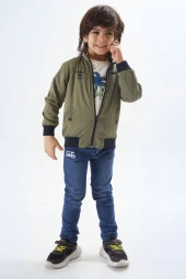 Haki Palmiye Baskılı Tişörtlü Erkek Çocuk Ceketli 3lü Takım 17581 - 2