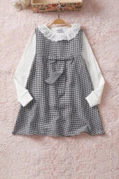 Siyah Kazayağı Desenli Fiyonklu Kız Çocuk Badili Elbise 17580 - 1