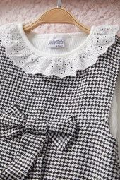 Siyah Kazayağı Desenli Fiyonklu Kız Çocuk Badili Elbise 17580 - 2