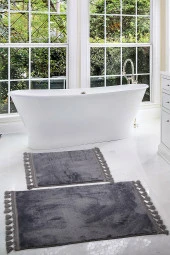 Relax Antrasit 60x100 + 50x60 cm 2li Köşeli Ponpon Saçaklı Banyo Halısı Paspası Seti Kaymaz Tabanlı - 1