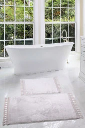 Relax Gri 60x100 + 50x60 cm 2li Köşeli Ponpon Saçaklı Banyo Halısı Paspası Seti Kaymaz Yıkanabilir - 1