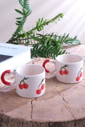 Strawberry | 2 Adet Seramik Kupa Fincan Bardak Mug Seramik Double Türk Kahve Fincanı - 1