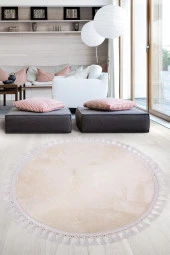 Relax Krem Yuvarlak 120x120 Cm Ponpon Saçaklı Kaymaz Tabanlı Makinede Yıkanabilir Banyo Paspası thumbnail 1