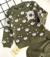 Neşeli Bebekler Sevimli Ayıcıklar Baskılı Desen İki İplik Penye Kumaş Takım Haki thumbnail 2