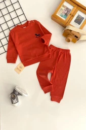 Neşeli Bebekler Nakışlı Desen Raporlu İki İplik Kumaş Takım Kiremit thumbnail 1