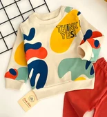 Neşeli Bebekler Think Yes Baskılı Desen İki İplik Penye Kumaş Takım Renkli Kiremit thumbnail 2