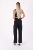 Paçaları Yırtmaç Detaylı ve Geniş Paçalı Yüksek Belli Rahat Jean Kadın Kot Pantolon Antrasit Denim  - 3