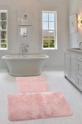 Relax Pudra Köşeli 60x100 + 50x60 cm 2li Pufidik Banyo Paspası Seti Kaymaz Klozet Takımı - 1