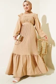 Kuşaklı Pliseli Prenses Elbise Latte thumbnail 1