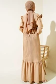 Kuşaklı Pliseli Prenses Elbise Latte thumbnail 3