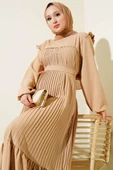 Kuşaklı Pliseli Prenses Elbise Latte thumbnail 2